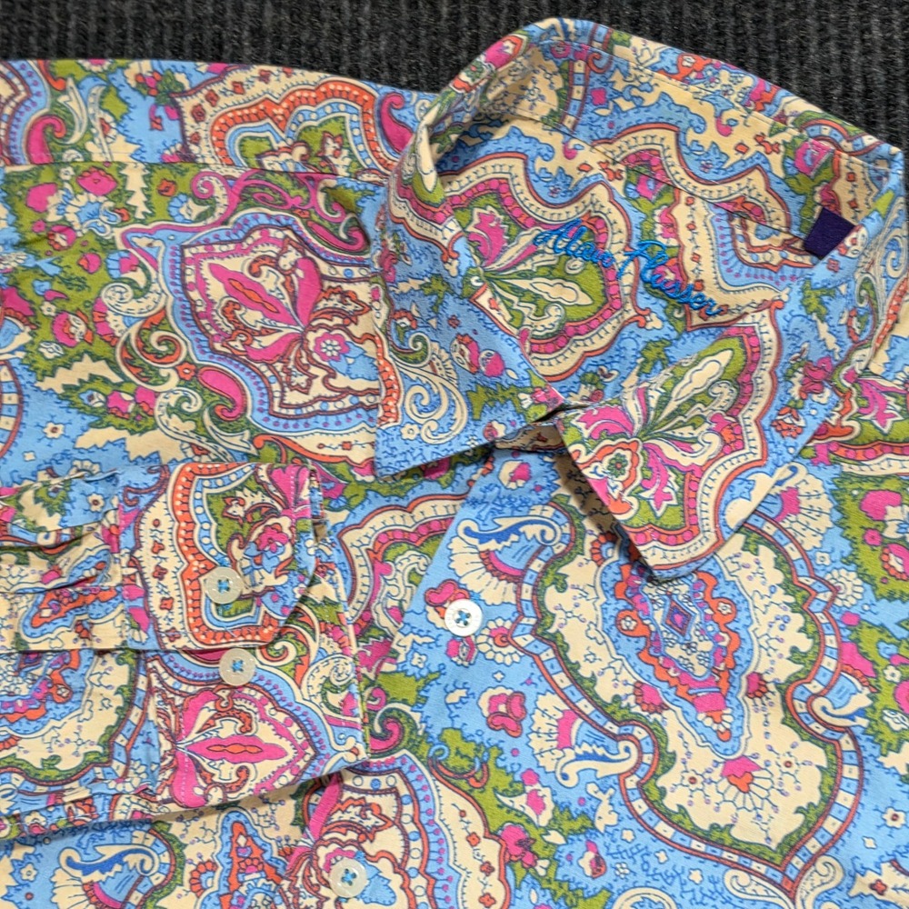 Alan Flusser Button Down Shirt Large Blue Paisley Excellent Long Sleeve Cotton - Picture 2 of 12